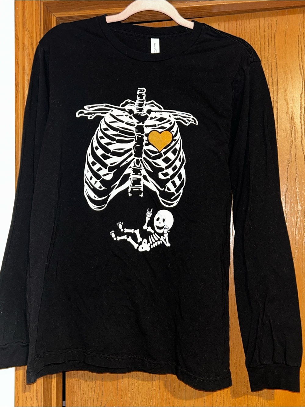 Black Long-Sleeve Tee with White Pregnant Skeleton and Heart